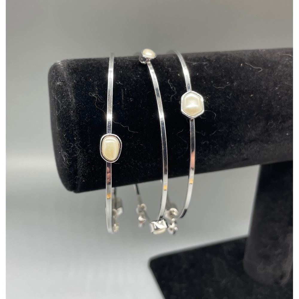Set of 3 Silver Tone Faux Pearl Bangle Bracelets Minimalist Stackable Jewelry